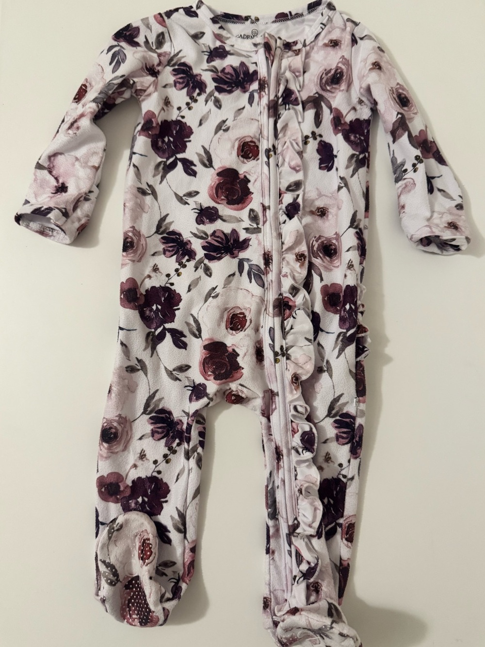 Caden Lane Floral Ruffle Zip-Front Baby Footie - White with Plum Floral